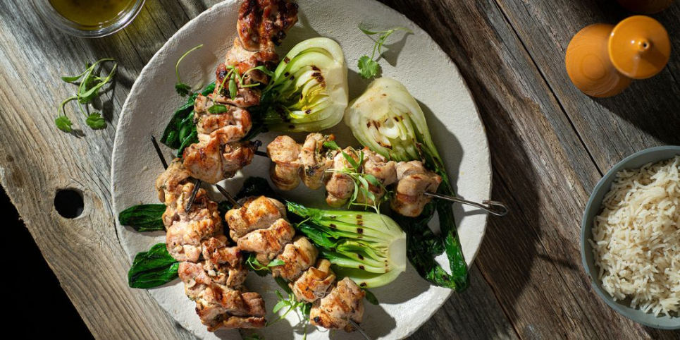 Chicken Skewers with Fresh Herbs, Pak Choi & Aromatic Rice